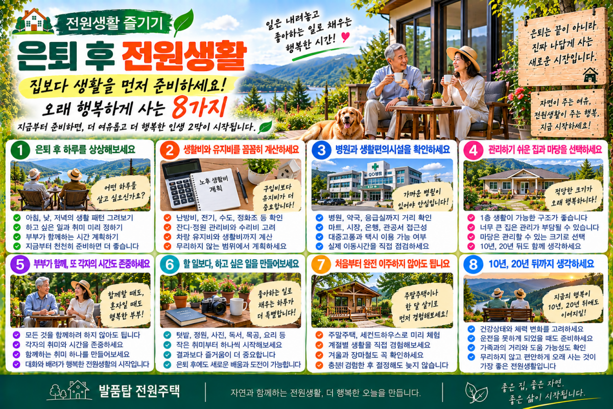  은퇴 후 전원생활, 집보다 생활을 먼저 준비하세요! 오래 행복하게 사는 8가지