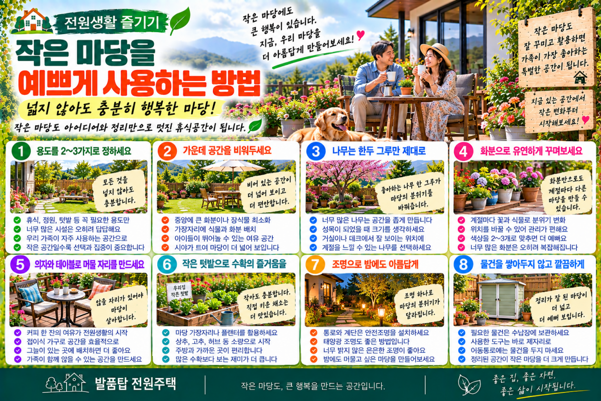 작은 전원주택 마당, 넓지 않아도 충분히 예쁩니다! 잘 사용하는 8가지 방법